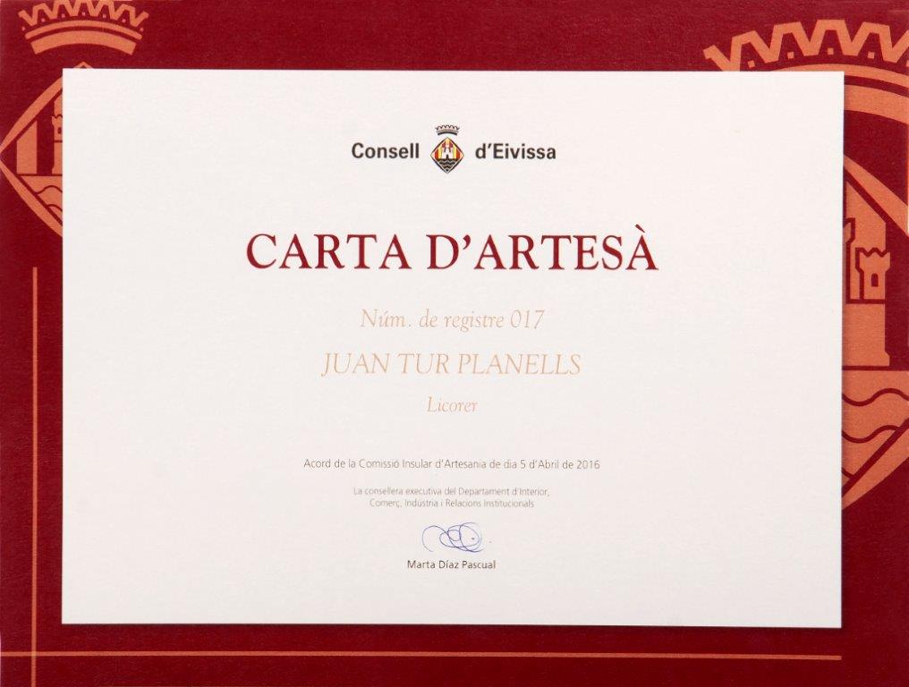 Carta de Artesanos Licorero de Joan Tur Planells de Fluxà Ibiza.