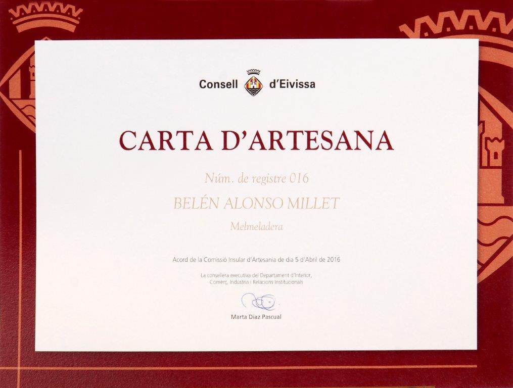 Carta de Artesana Mermeladera de Belén Alonso Millet de Fluxà Ibiza.